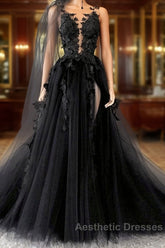 Black Lace Long Evening Prom Dresses, A-Line Backless Evening Dresses